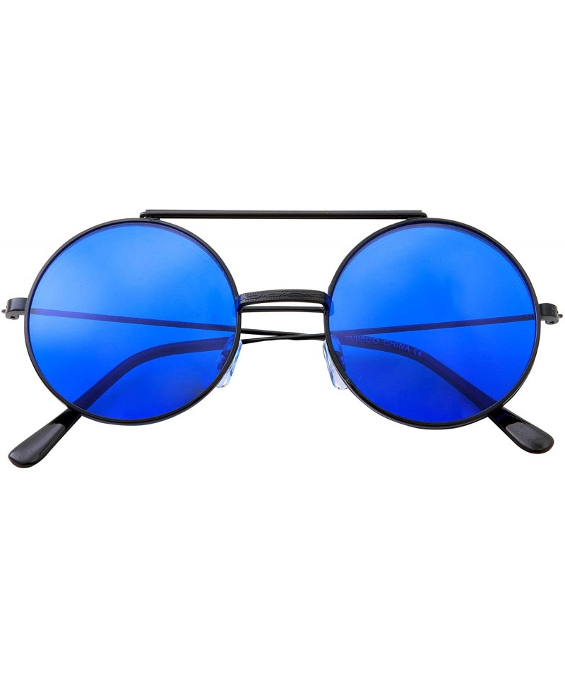 Round Vintage Steam Punk Round Flip Up Sunglasses for Men and Women Retro Metal Frame - Co-black Frame-blue Lens - C118ODZH03...