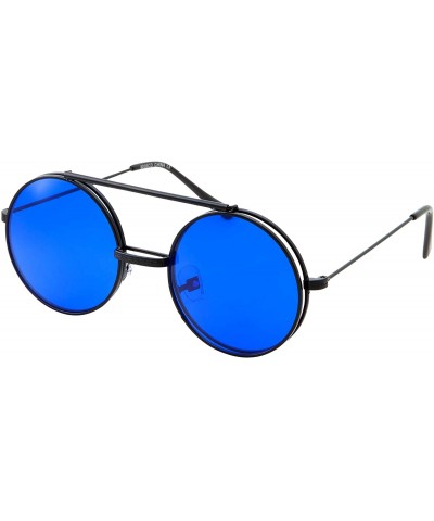 Round Vintage Steam Punk Round Flip Up Sunglasses for Men and Women Retro Metal Frame - Co-black Frame-blue Lens - C118ODZH03...