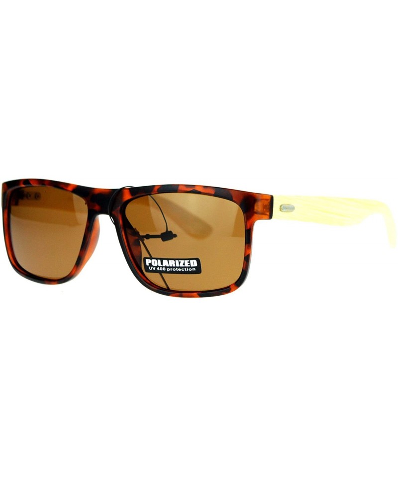 Square Real Bamboo Temple Polarized Sunglasses Classic Square Rectangle Frame - Tortoise (Brown) - C3189LGC4IG $23.92