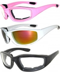 Goggle Set of 3 Pairs Motorcycle Padded Foam Glasses Smoke Yellow or Clear Lens - Wht_pink_bk - CE17XXM6S4D $11.14