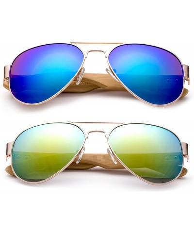 Oversized High Qaulity Real Bamboo Arm Aviator Sunglasses Bamboo Sunglasses for Men & Women - CF18ELUHNS4 $25.38