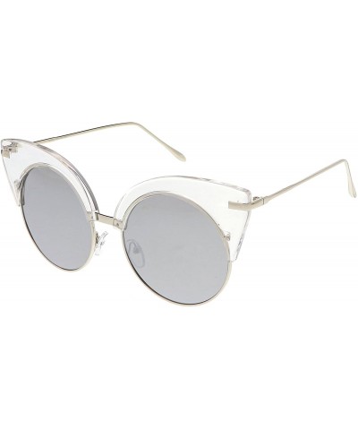 Semi-rimless Oversize Half Frame Ultra Slim Arms Round Mirrored Flat Lens Cat Eye Sunglasses 54mm - CH184RAKEZE $23.21