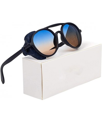 Shield Polarized Sunglasses Men with Leather Side Shields Round Retro Punk Sun Glasses for Women - C1 Black-Blue - C8194ORDXS...