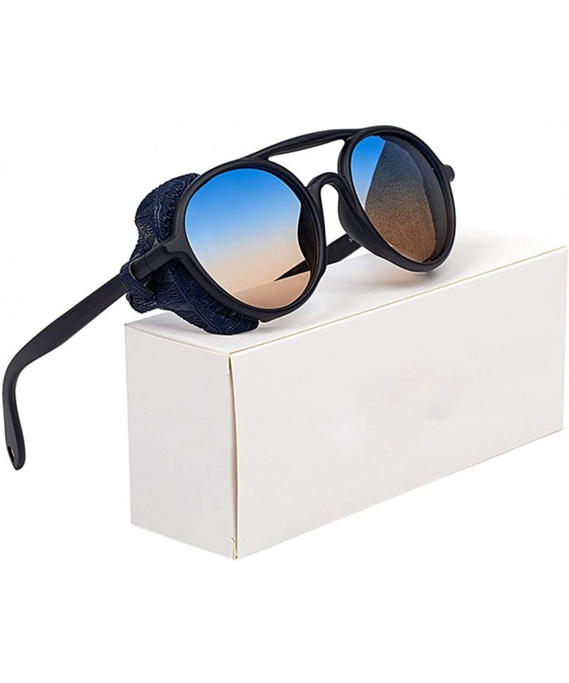polarized sunglasses men with leather side shields round retro punk sun glasses for women c1 black blue
