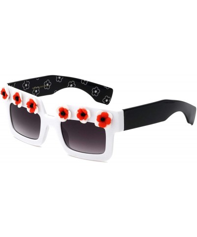 Rectangular Squared Rectangular Flower Sunglasses - White & Black - CA196XG7ZK0 $26.71