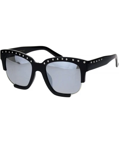 Rectangular Womens Metal Studded Exposed Lens Plastic Horned Butterfly Sunglasses - Black Silver Smoke - CB18KHIYHM9 $23.75