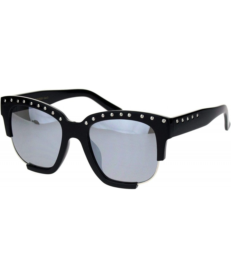 Rectangular Womens Metal Studded Exposed Lens Plastic Horned Butterfly Sunglasses - Black Silver Smoke - CB18KHIYHM9 $13.44