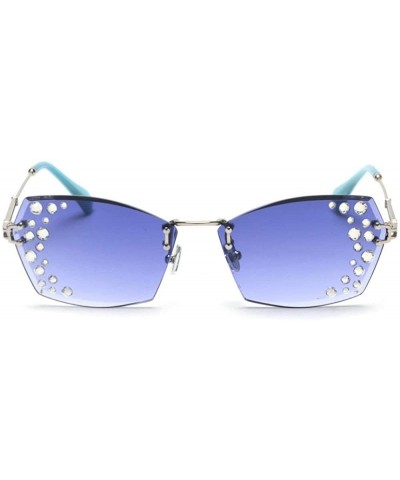 Square Small frame ladies square retro glasses transparent diamond metal sunglasses lens glasses with box - Blue - C818R37MQ5...