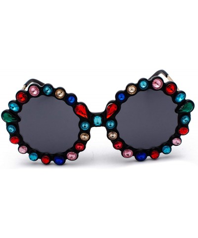 Oversized Women Big Rhinestone Sunglasses Oversized Round Flower Shape - Black- Colorful Rhinestone - CM18STCEYR4 $18.12