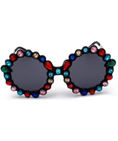 Oversized Women Big Rhinestone Sunglasses Oversized Round Flower Shape - Black- Colorful Rhinestone - CM18STCEYR4 $26.45