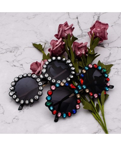 Oversized Women Big Rhinestone Sunglasses Oversized Round Flower Shape - Black- Colorful Rhinestone - CM18STCEYR4 $18.12