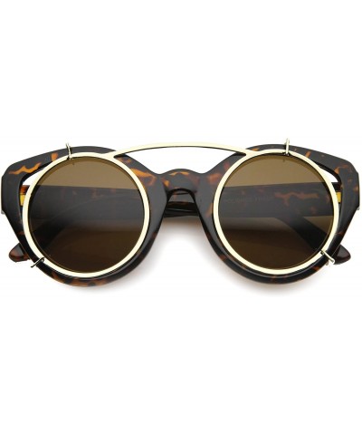 Oversized Retro Steampunk Clip On Floating Lens Round Cat Eye Sunglasses 46mm - Tortoise / Brown - C2126OMUKIV $9.58