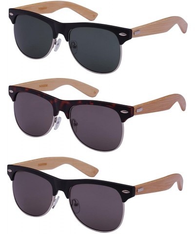 Rimless Retro Half Frame Horned Rim Bamboo Wood Sunglasses 540908BM-SD - Matte Black/Grey/Green - C8124UM6K5T $9.59