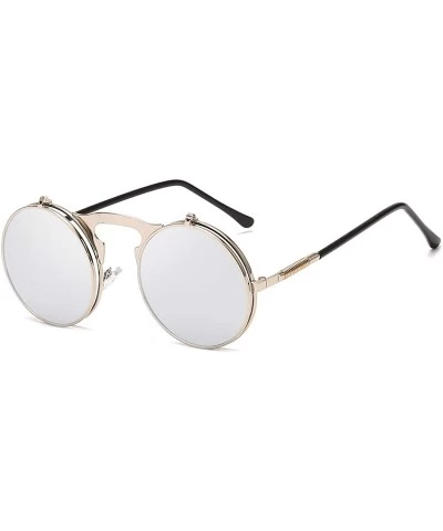 Goggle Round Sunglasses for Men Women 90's Retro Steampunk Style Flip Up Circle Sunglasses - Silver Frame/Silver Lens - CM18Z...