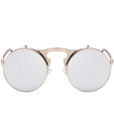 Goggle Round Sunglasses for Men Women 90's Retro Steampunk Style Flip Up Circle Sunglasses - Silver Frame/Silver Lens - CM18Z...