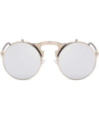 Goggle Round Sunglasses for Men Women 90's Retro Steampunk Style Flip Up Circle Sunglasses - Silver Frame/Silver Lens - CM18Z...