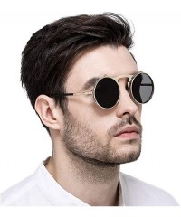 Goggle Round Sunglasses for Men Women 90's Retro Steampunk Style Flip Up Circle Sunglasses - Silver Frame/Silver Lens - CM18Z...