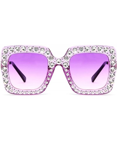 Square Square Rhinestone Oversized Sunglasses Metal Frame Retro Bling Sun glasses for Women - Purple/Matte - C818WQHRCQK $9.72