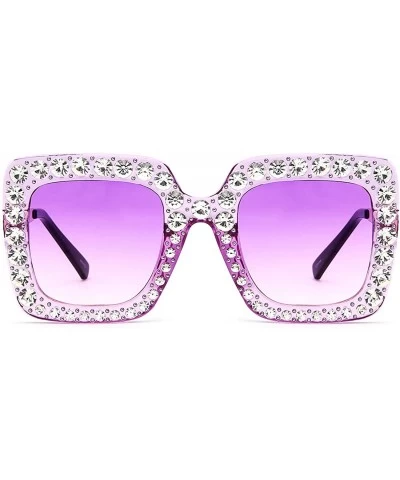 Square Square Rhinestone Oversized Sunglasses Metal Frame Retro Bling Sun glasses for Women - Purple/Matte - C818WQHRCQK $9.72