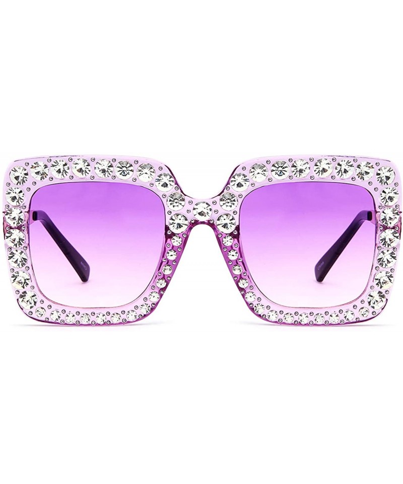 Square Square Rhinestone Oversized Sunglasses Metal Frame Retro Bling Sun glasses for Women - Purple/Matte - C818WQHRCQK $9.72