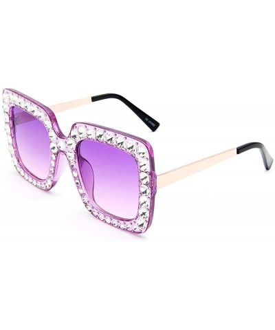 Square Square Rhinestone Oversized Sunglasses Metal Frame Retro Bling Sun glasses for Women - Purple/Matte - C818WQHRCQK $9.72