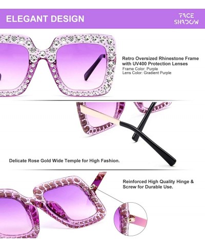 Square Square Rhinestone Oversized Sunglasses Metal Frame Retro Bling Sun glasses for Women - Purple/Matte - C818WQHRCQK $9.72