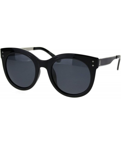 Round Polarized Lens Womens Trendy Round Horn Rim Hipster Sunglasses - Shiny Black Solid Black - CE18TN338ET $15.24